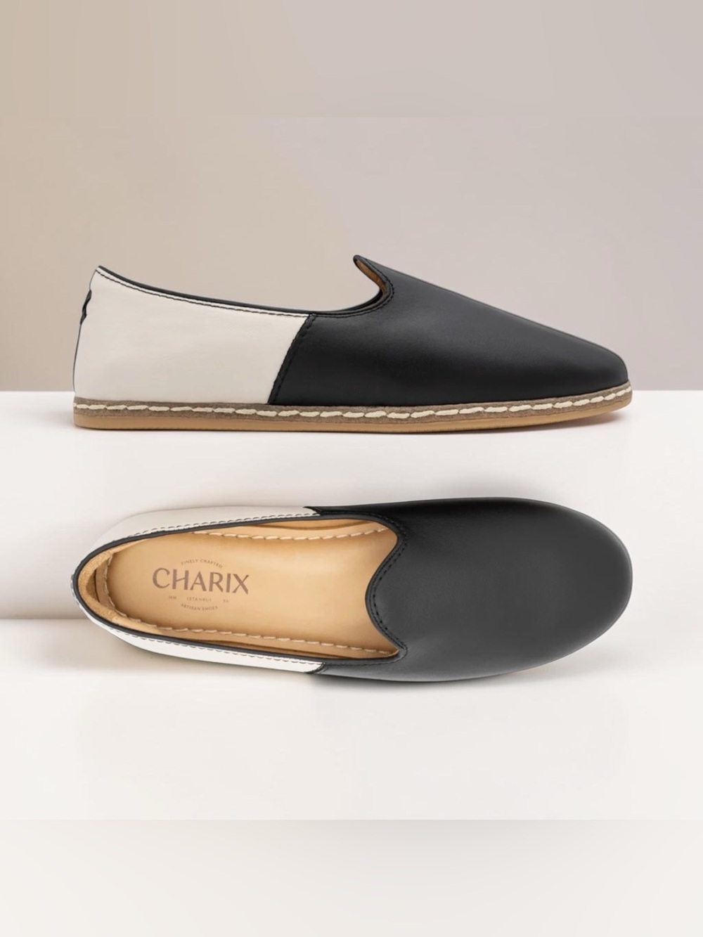 Charix Black and Cream Leather Slip-On Loafers